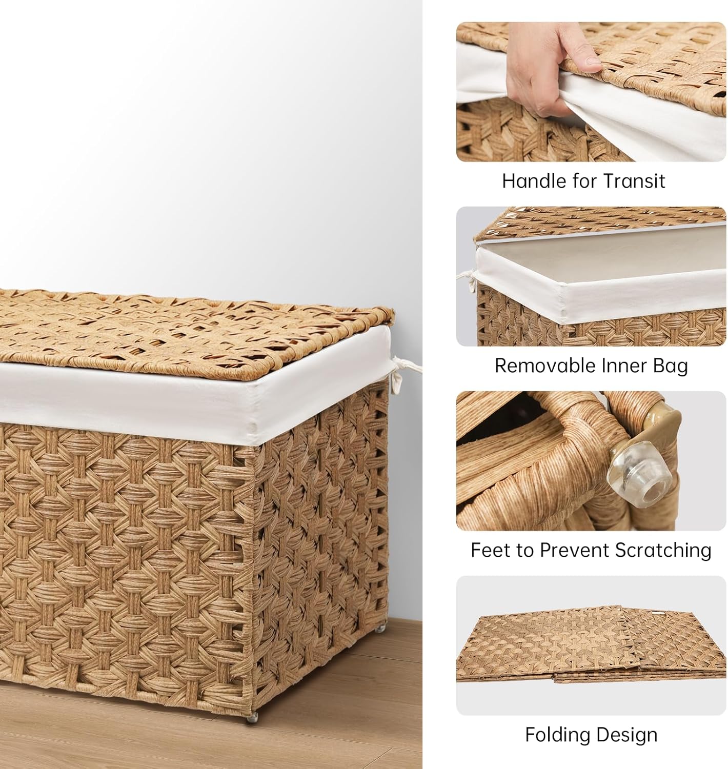 Wicker Storage Basket with Lid, 27.7 Gallon (105L) Large Blanket Basket with Lid, Woven Storage Bin