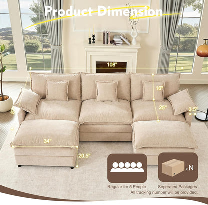 108" U Shaped Couch, Modular Sectional Sofa, 3-Seater Comfy Cloud Couch with Movable Ottoman, Deep