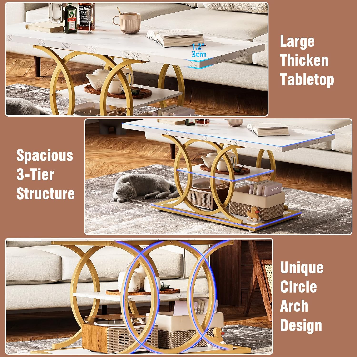 GiftGo Rustic Coffee Table with Storage Modern 3 Tier Center Living Room Table Faux Marble Wooden