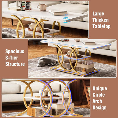 GiftGo Rustic Coffee Table with Storage Modern 3 Tier Center Living Room Table Faux Marble Wooden