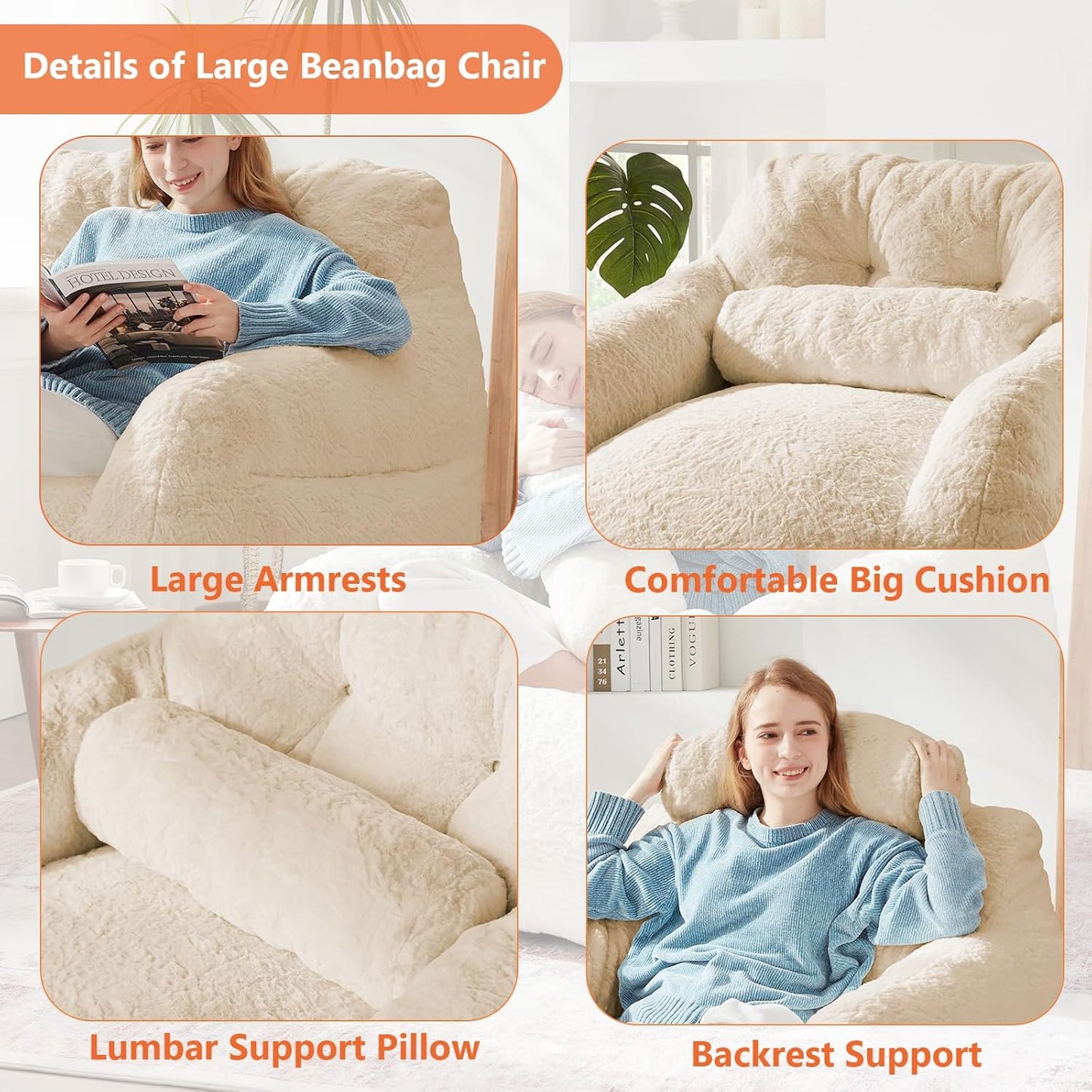 Bean Bag Chair for Adults with Pillow,Oversized Bean Bag Couch for Adults Chairs,Giant Lazy Couch