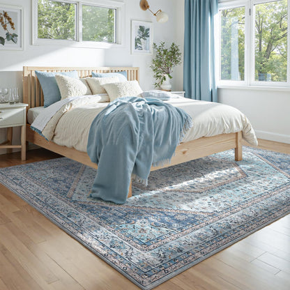 DCX Machine Washable Blue and Beige Area Rugs 5x7, Non Slip Stain Resistant Vintage Floral Rug for