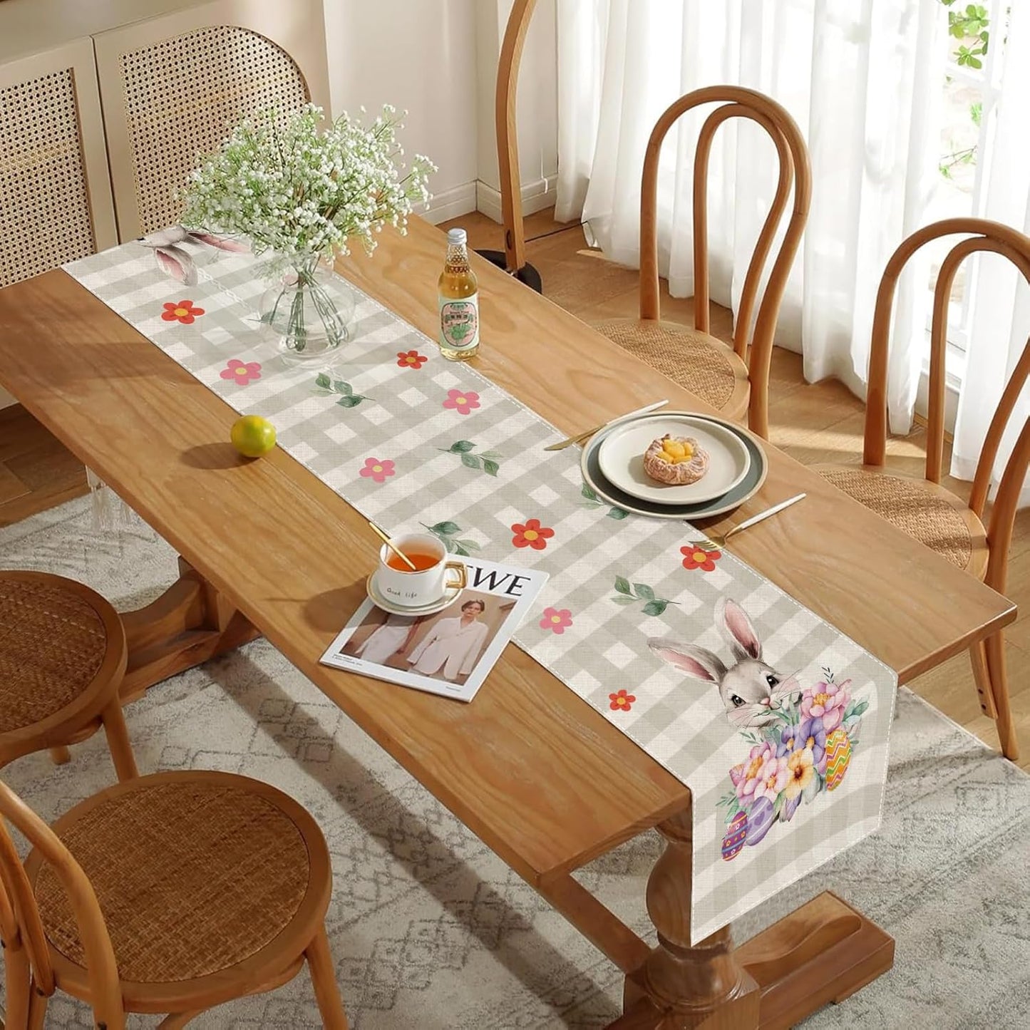 Easter Table Runner 13x72 Inch Bunny Rabbit Flowers Leaves Buffalo Plaid Eggs Seasonal Holiday