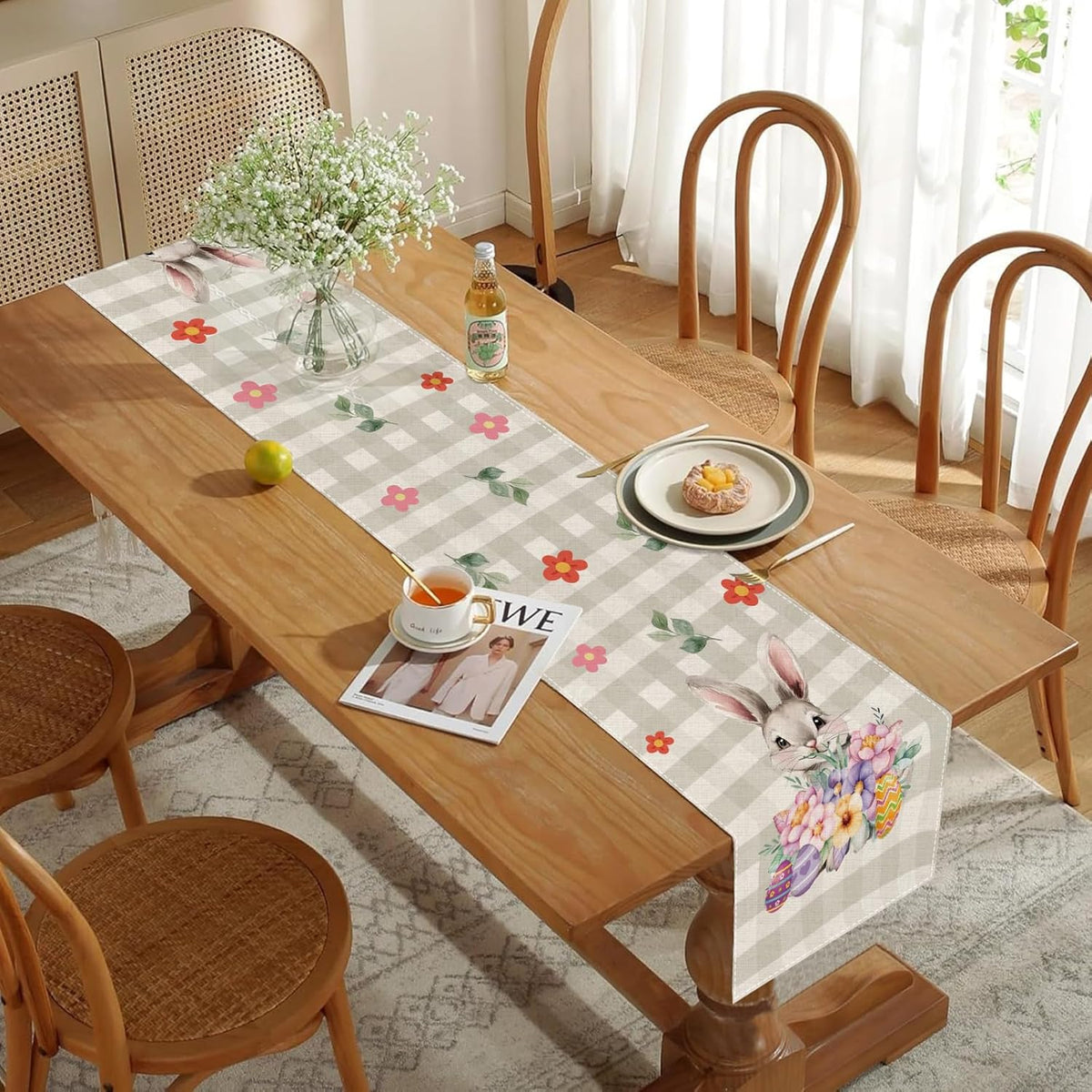 Easter Table Runner 13x72 Inch Bunny Rabbit Flowers Leaves Buffalo Plaid Eggs Seasonal Holiday