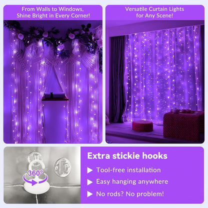 HXWEIYE 300LED Purple Fairy Curtain Hanging Lights with Remote 8 Modes Timer for Bedroom, 9.8x9.8Ft
