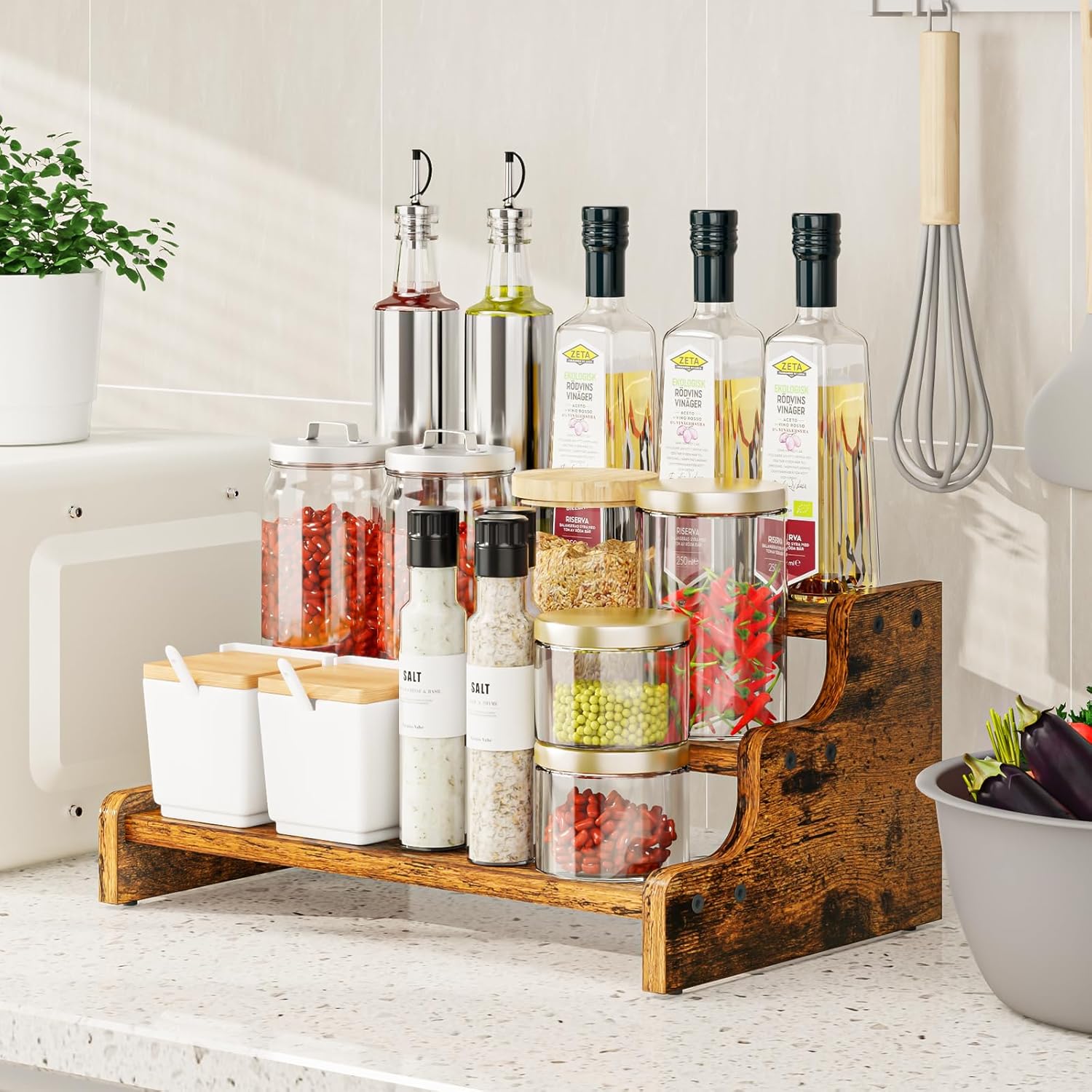 KLM 3-Tier Spice Rack, 13.8 Inch Wood Step Shelf Countertop Spice Storage Holder, Kitchen Pantry