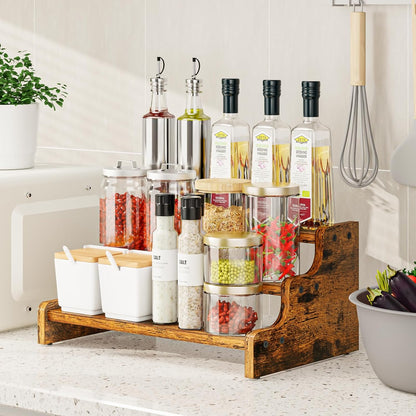KLM 3-Tier Spice Rack, 13.8 Inch Wood Step Shelf Countertop Spice Storage Holder, Kitchen Pantry