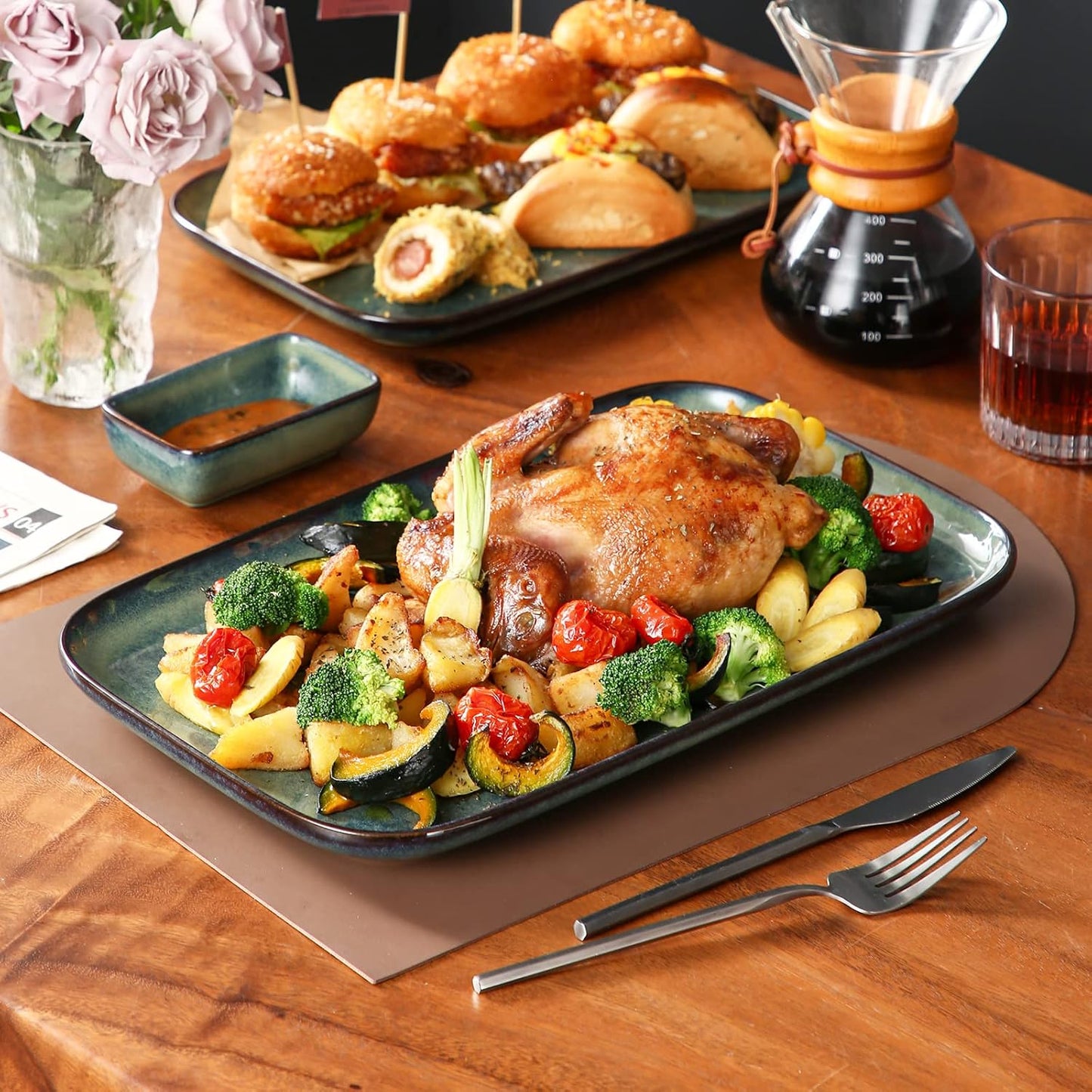 vancasso Stern Serving Platters Set of 3, 15/13/ 11 Inches Rectangular Serving Plates, Green