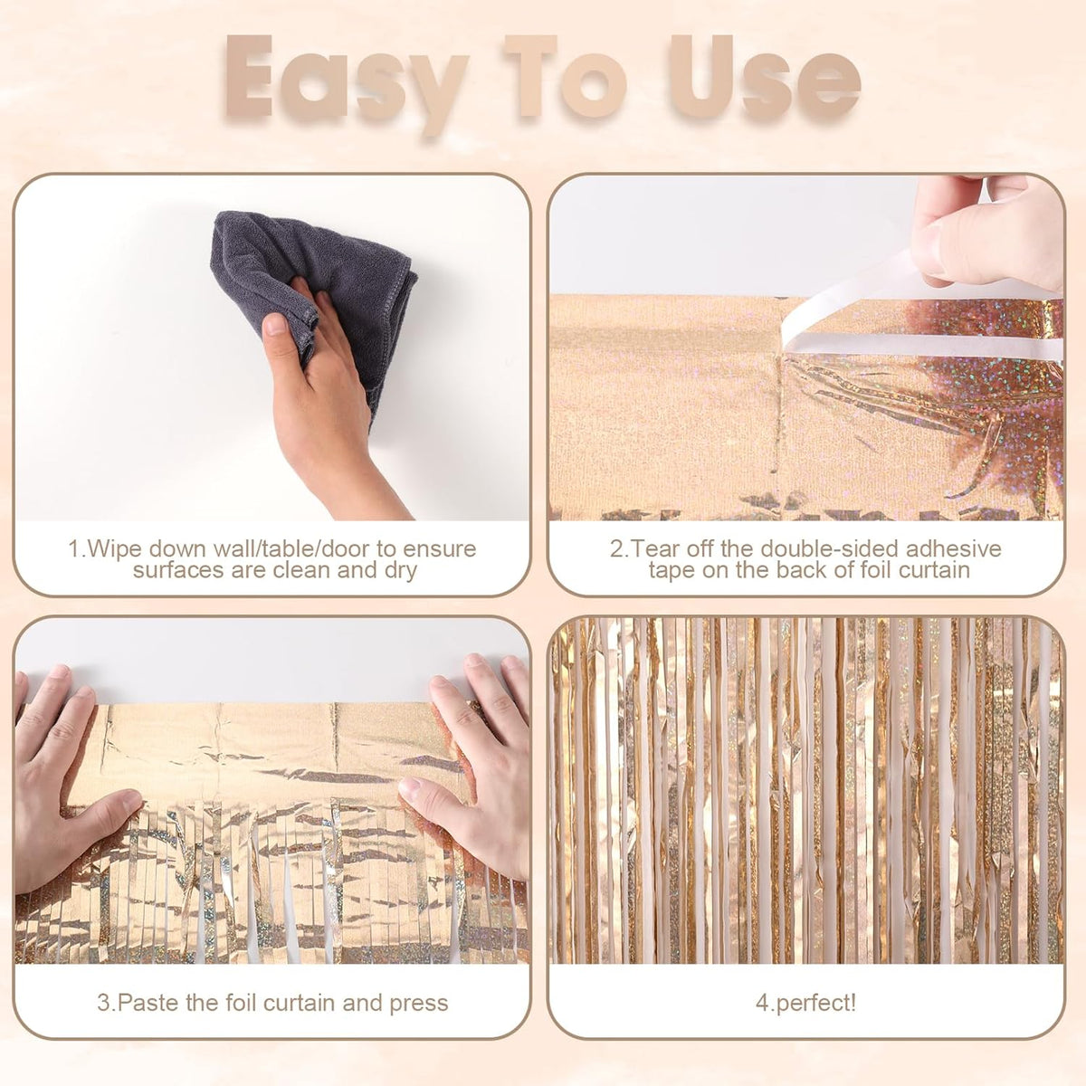 3 Pack 3.3 x 8.2 ft Laser Champagne Foil Fringe Backdrop Curtains, Tinsel Streamers Birthday Party
