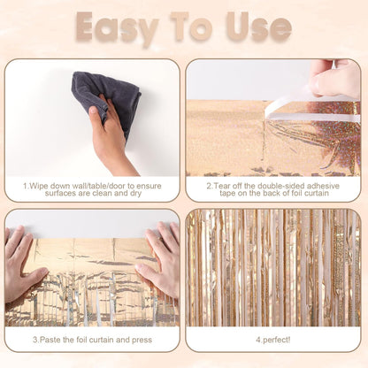 3 Pack 3.3 x 8.2 ft Laser Champagne Foil Fringe Backdrop Curtains, Tinsel Streamers Birthday Party