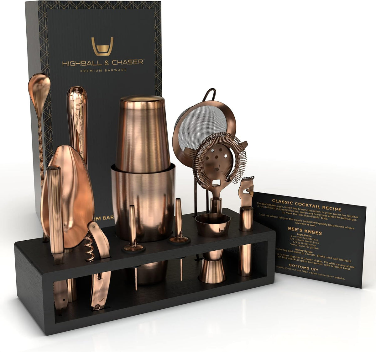 Highball & Chaser Bartender Kit with Black Bamboo Stand Beautiful Cocktail Shaker Set and Bar Tools