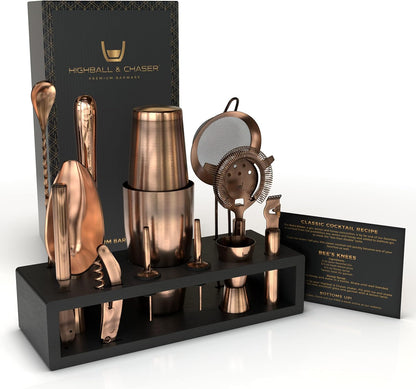 Highball & Chaser Bartender Kit with Black Bamboo Stand Beautiful Cocktail Shaker Set and Bar Tools