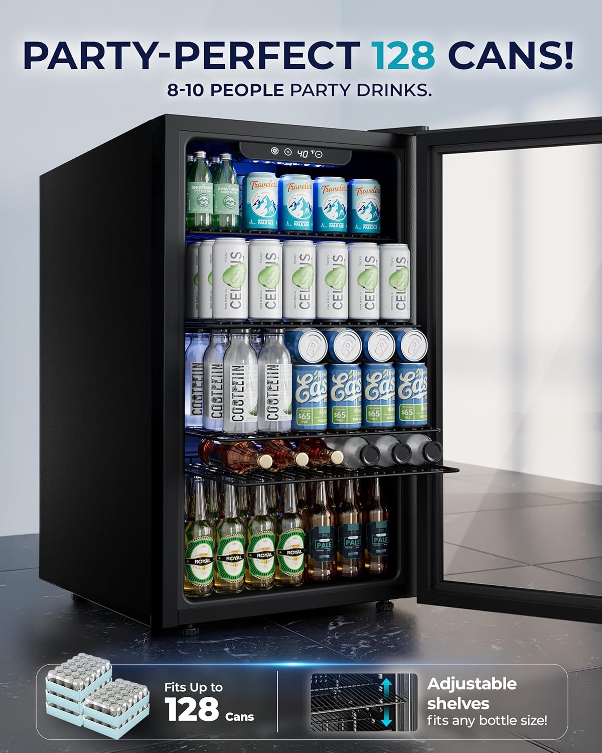 EUHOMY Beverage Refrigerator and Cooler, 128 Can Mini fridge with Glass Door, Small Refrigerator