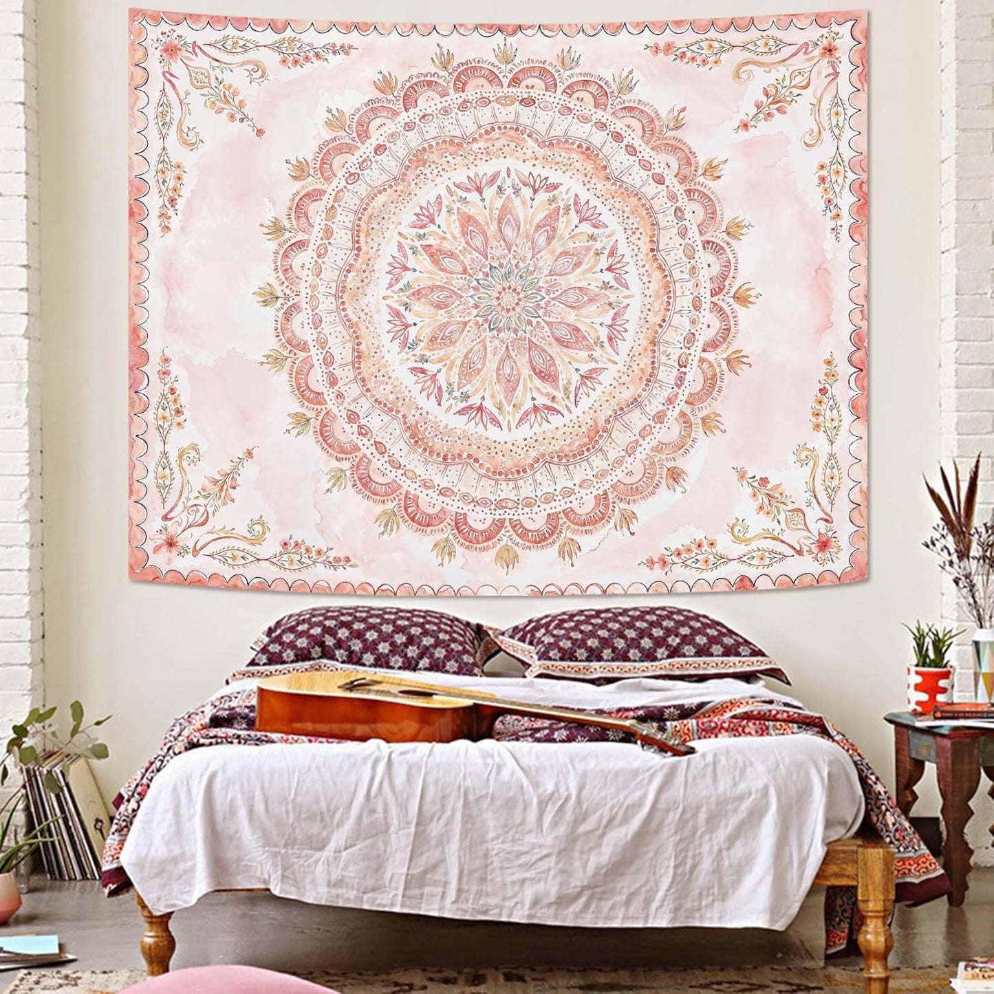 Fowocu Boho Floral Mandala Tapestry Wall Hanging Pink Bohemian Flower Medallion Tapestry Aesthetic