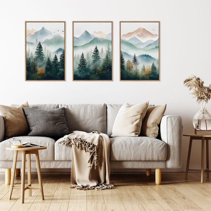 HLNIUC Misty Mountain Forest Framed Wall Art Set,Green Fog Pine Tree Wall Decor,White Foggy Forest