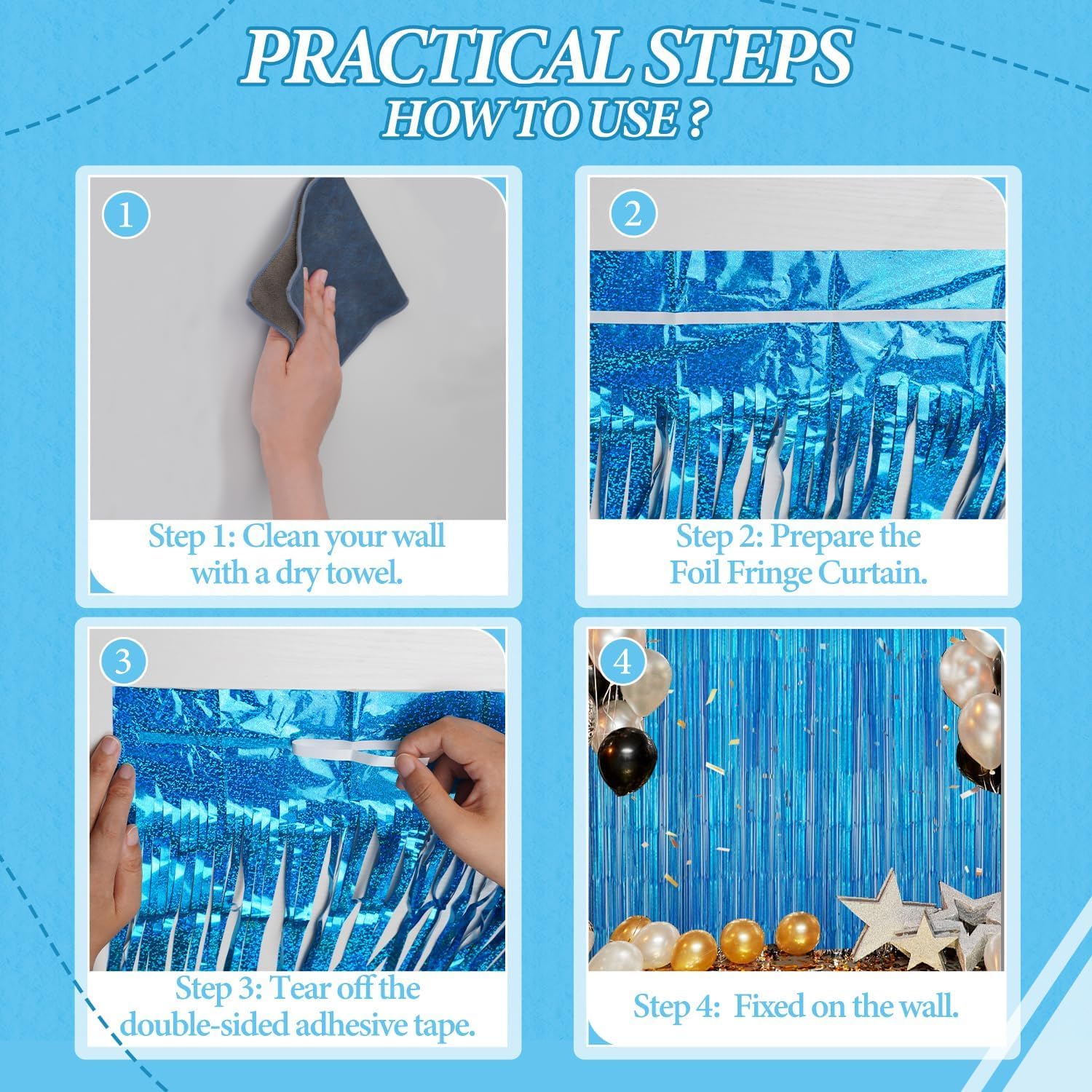 3 Pack Foil Fringe Backdrop - Laser Blue Shiny Tinsel Curtains for Party Decoration/Photo Booth