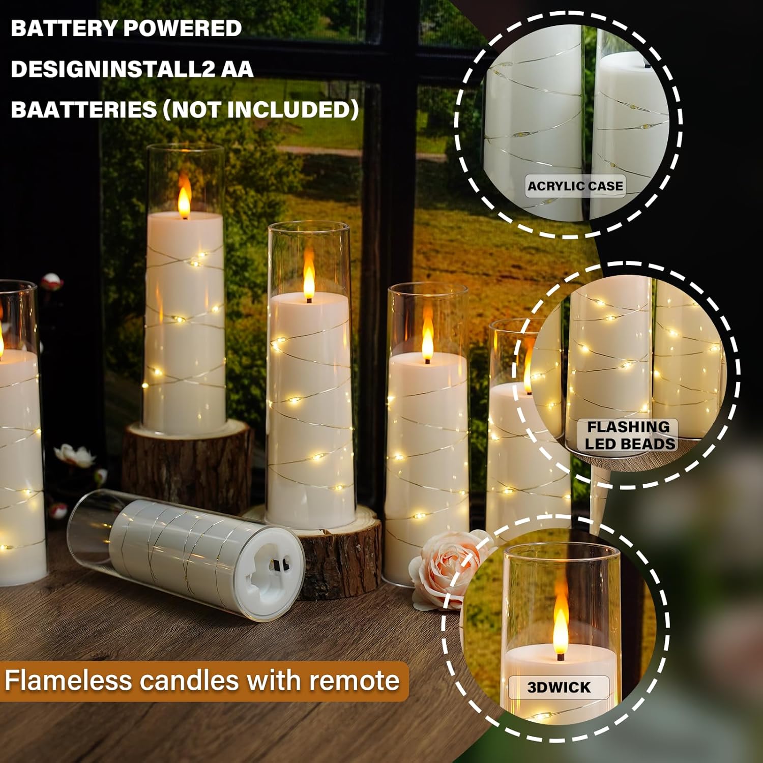 Flickering Flameless LED Candles,Battery Operated Candles 24 Pcs with Embedded Star String,Acrylic
