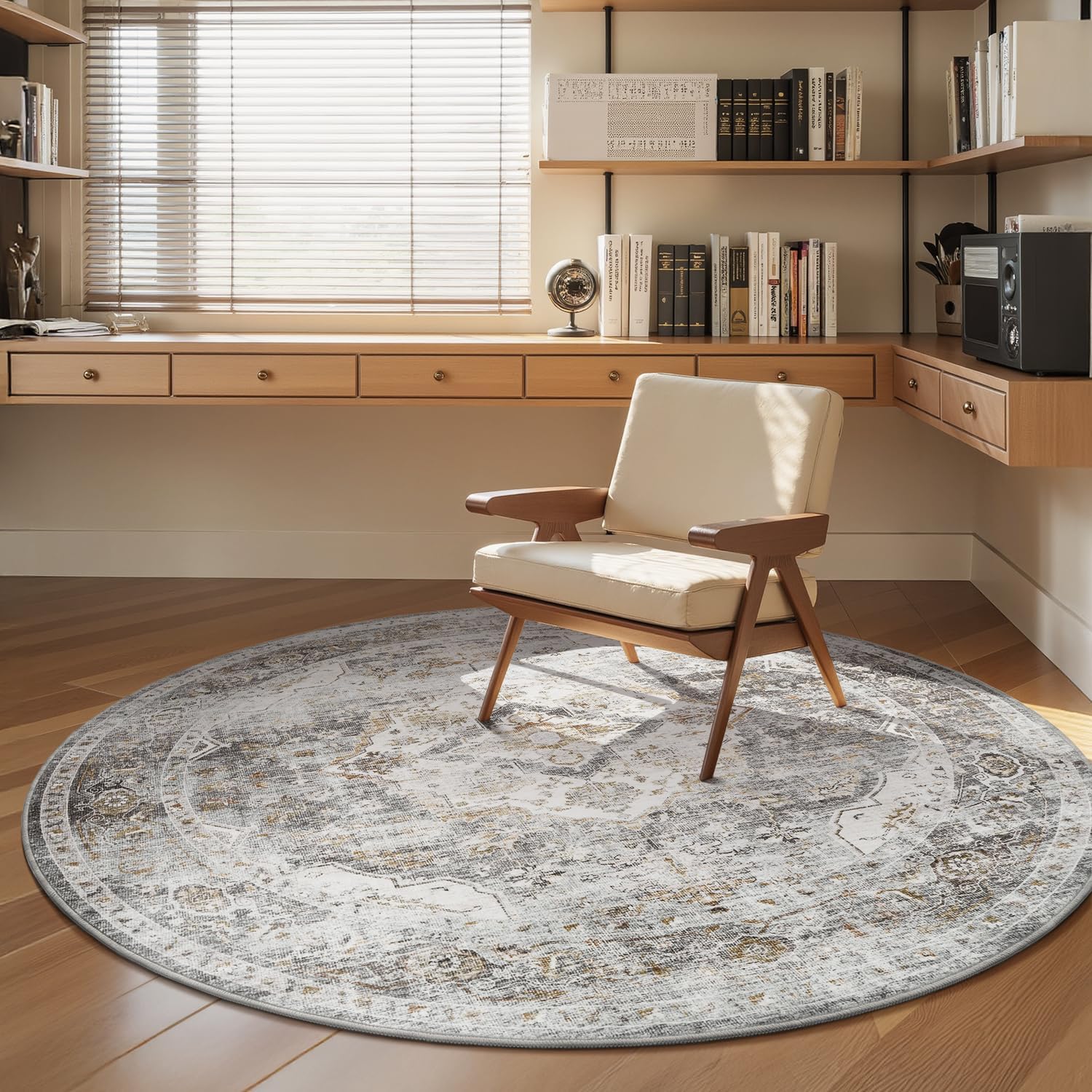 AMOAMI-6FT Round Rug-Rugs for Living Room-Vintage Soft Grey Rugs for Bedroom-Non Slip Circle