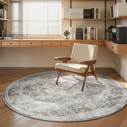 AMOAMI-6FT Round Rug-Rugs for Living Room-Vintage Soft Grey Rugs for Bedroom-Non Slip Circle