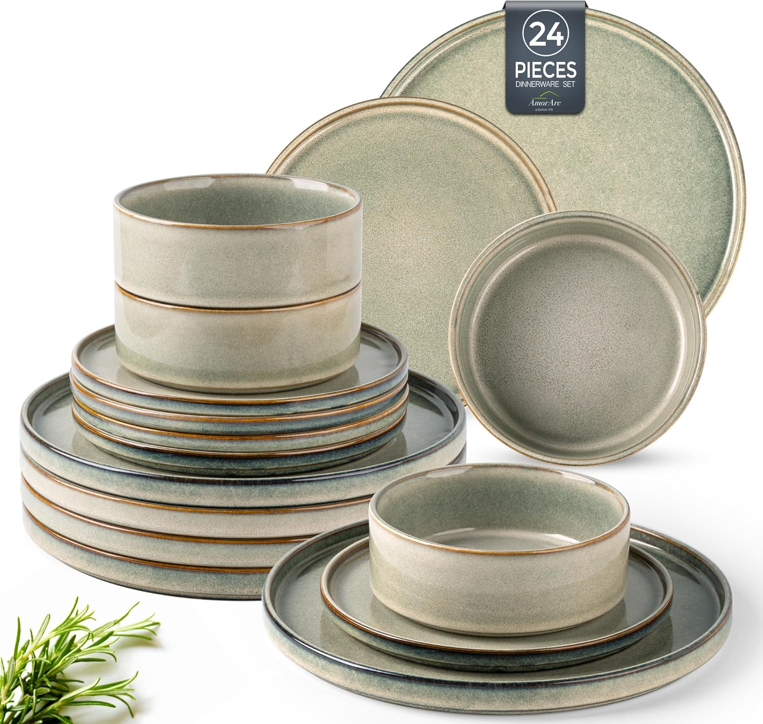 AmorArc Ceramic Dinnerware Sets, Handmade Reactive Glaze Stoneware Plates and Bowls Sets,Highly