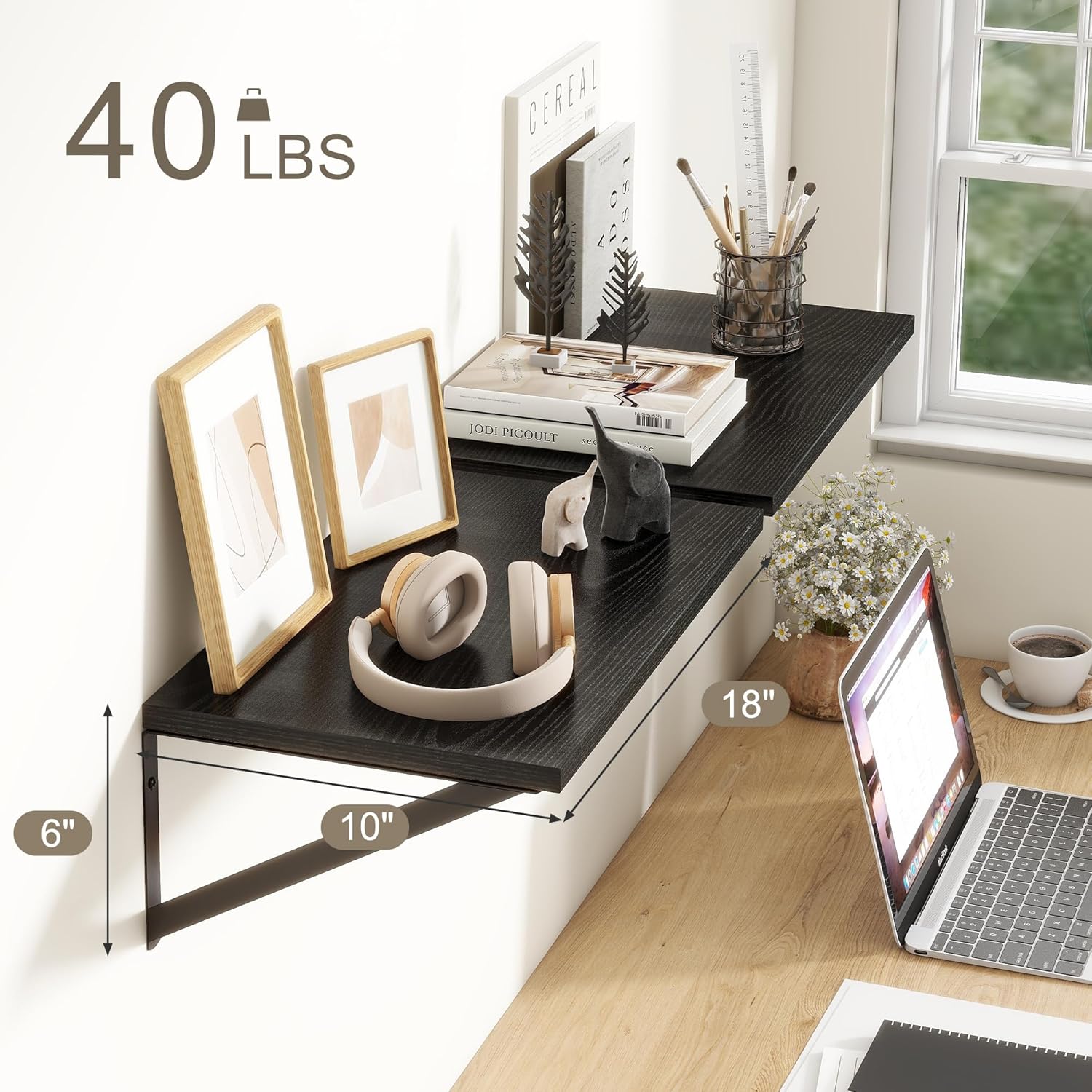 Fun Memories Black Floating Shelves 18 Inch Long, Rustic Floating Shelf with Brackets, 10 Inch Deep