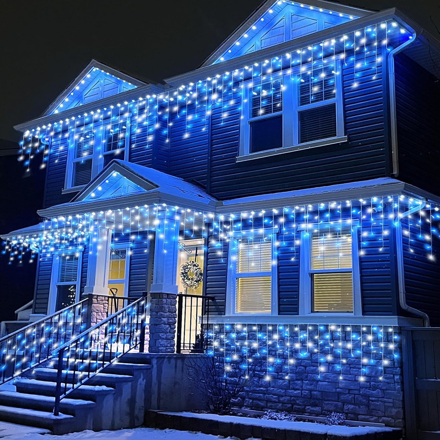33ft Blue and White Christmas Lights, 400 LED Icicle Lights for Outside, Clear Wire Connectable