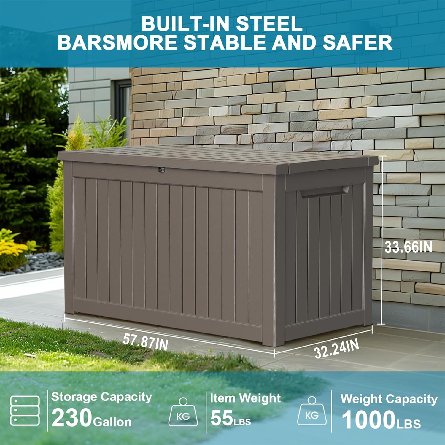 230 Gallon Resin Deck Box, Lockable Patio Outdoor Storage Box for Furniture, Garden Tools and Tools