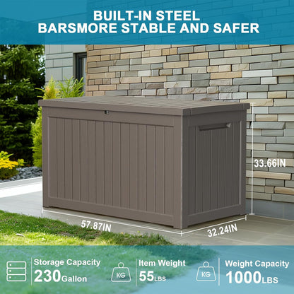230 Gallon Resin Deck Box, Lockable Patio Outdoor Storage Box for Furniture, Garden Tools and Tools
