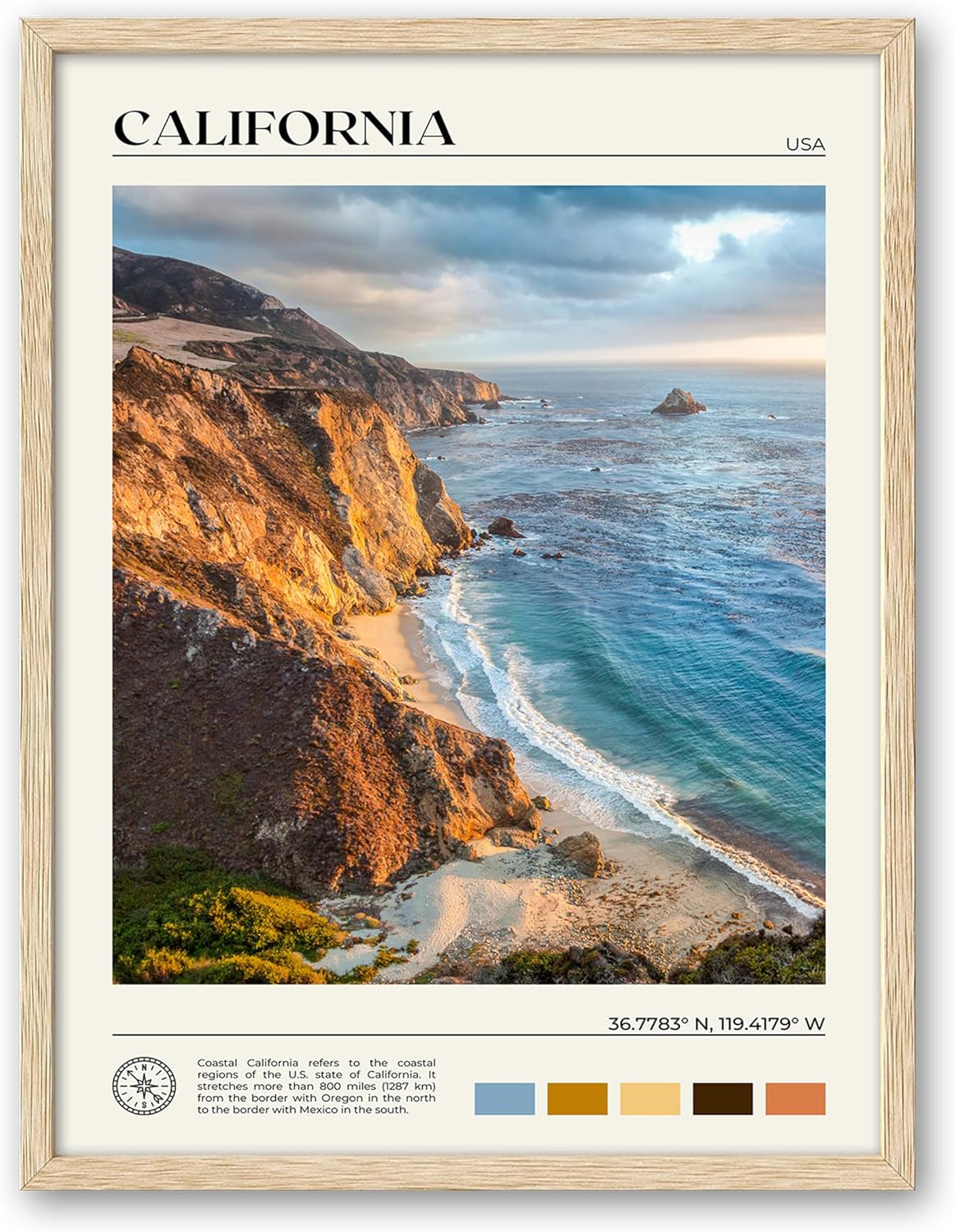 HesenDot Natural OAK Wood Coastal California Refers Framed Wall Art,12x16in Natural Seascape Canvas