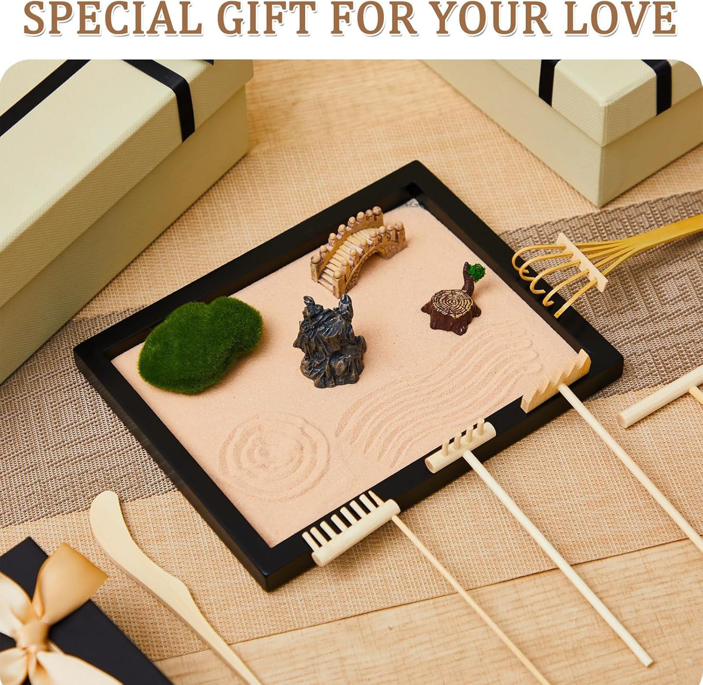 Soulchen 8 Pcs Mini Zen Garden Kit for Desk Decor DIY Your Own Zen Garden 8.5" x 6.7" Japanese Sand