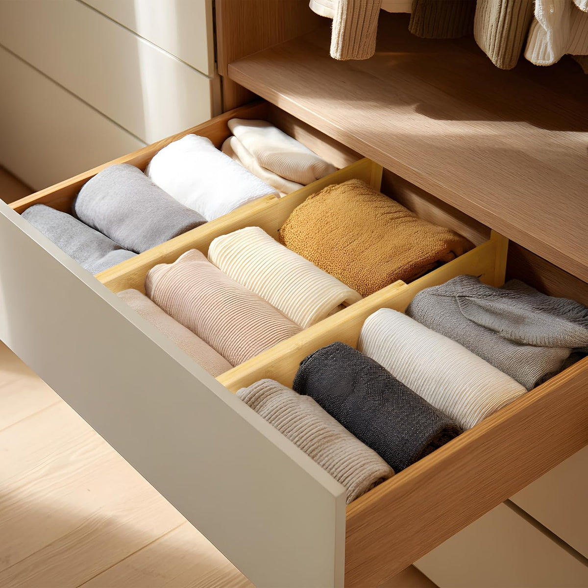 VaeFae 3 Pack Bamboo Drawer Dividers, 4" High Adjustable 11.9-17.1" Clothes Drawer Organizers