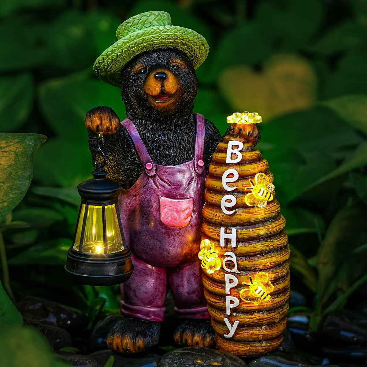 Solar Adorable Bear Garden Statue with Beehive and Lantern - “Bee Happy” Resin Outdoor Decoration