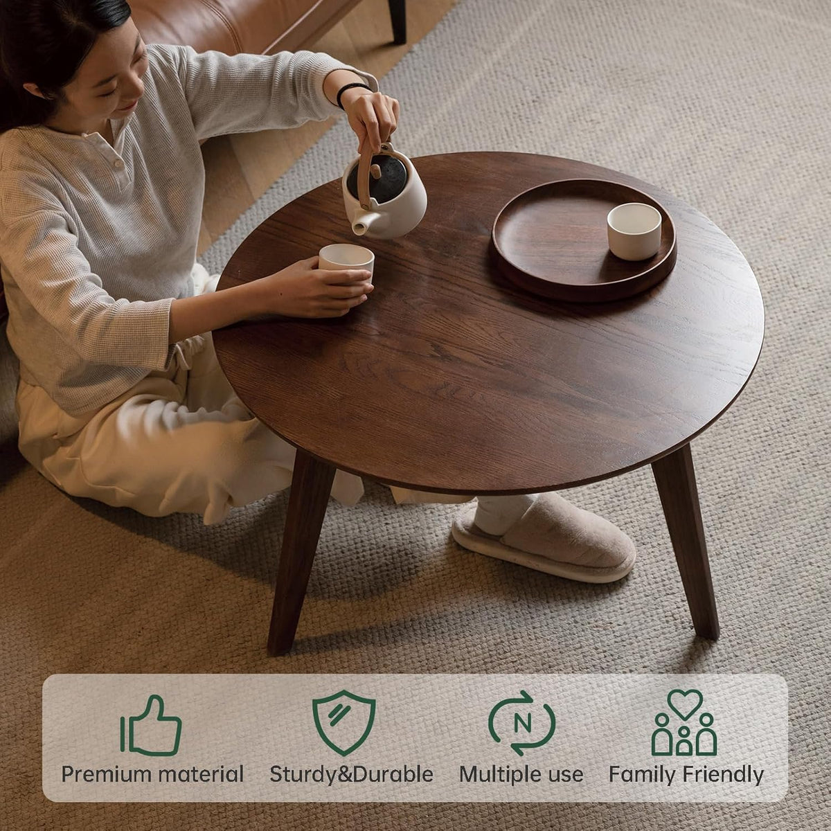 100% Solid Oak Wood Mini Coffee Table, Round Side Table w/Solid Wood Legs, Walnut Mid Century