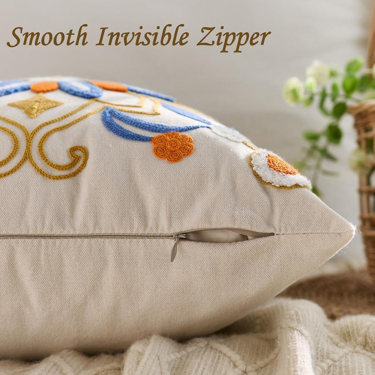 Embroidered Throw Pillow Cover 18x18 Classic Boho Floral Pattern Pillows Cover Outdoor Decorative