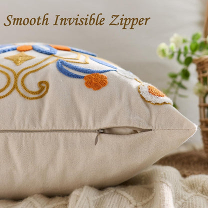 Embroidered Throw Pillow Cover 18x18 Classic Boho Floral Pattern Pillows Cover Outdoor Decorative