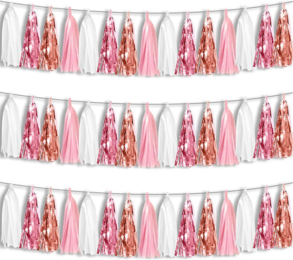3P Pink White Peach Rose Gold Tassels Foil Fringe Metallic Garland Banner, Tassels Banner Streamers