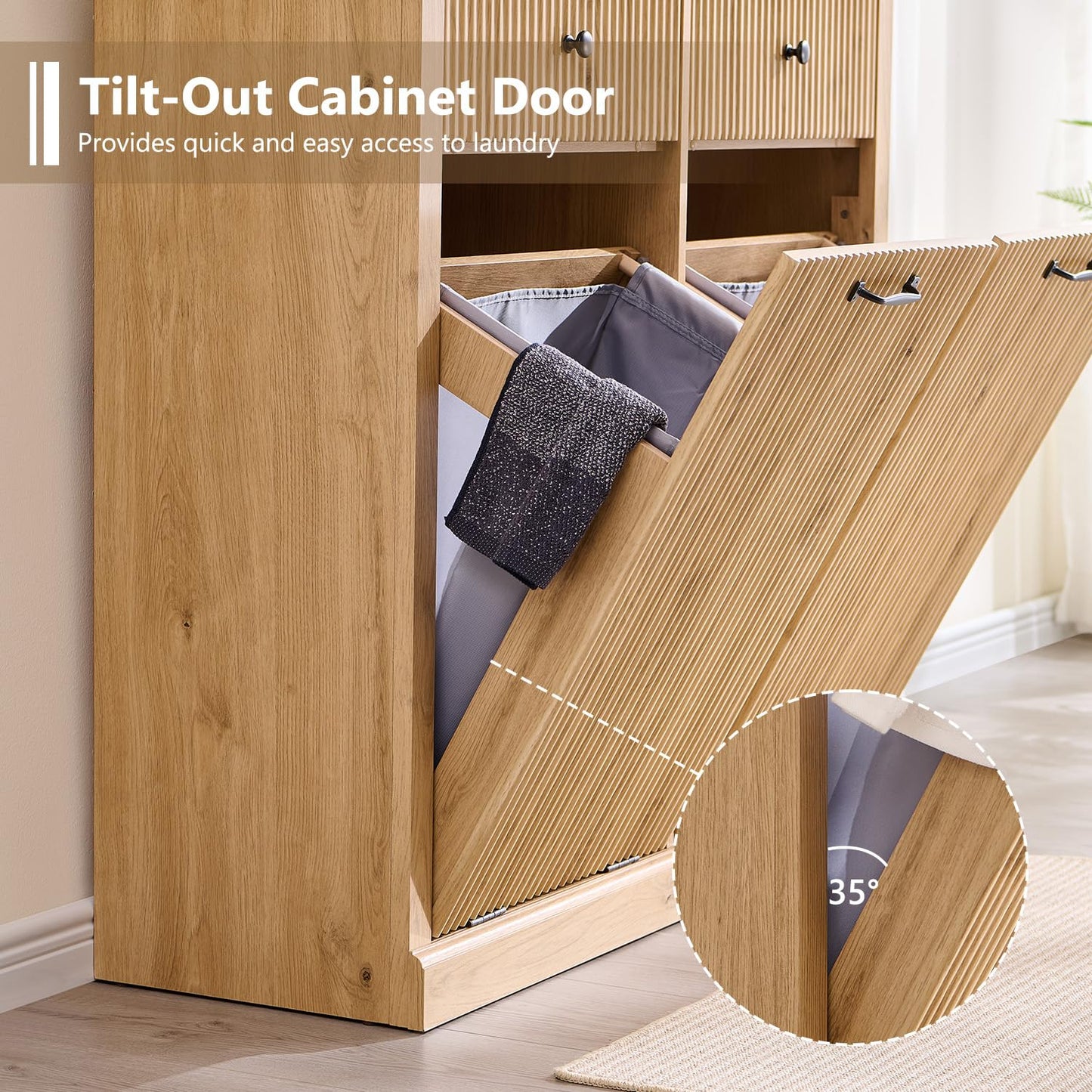 Modern Double Tilt-Out Trash Cabinet, 20 Gallon Fluted Laundry Hamper Cabinet with 2 Drawers