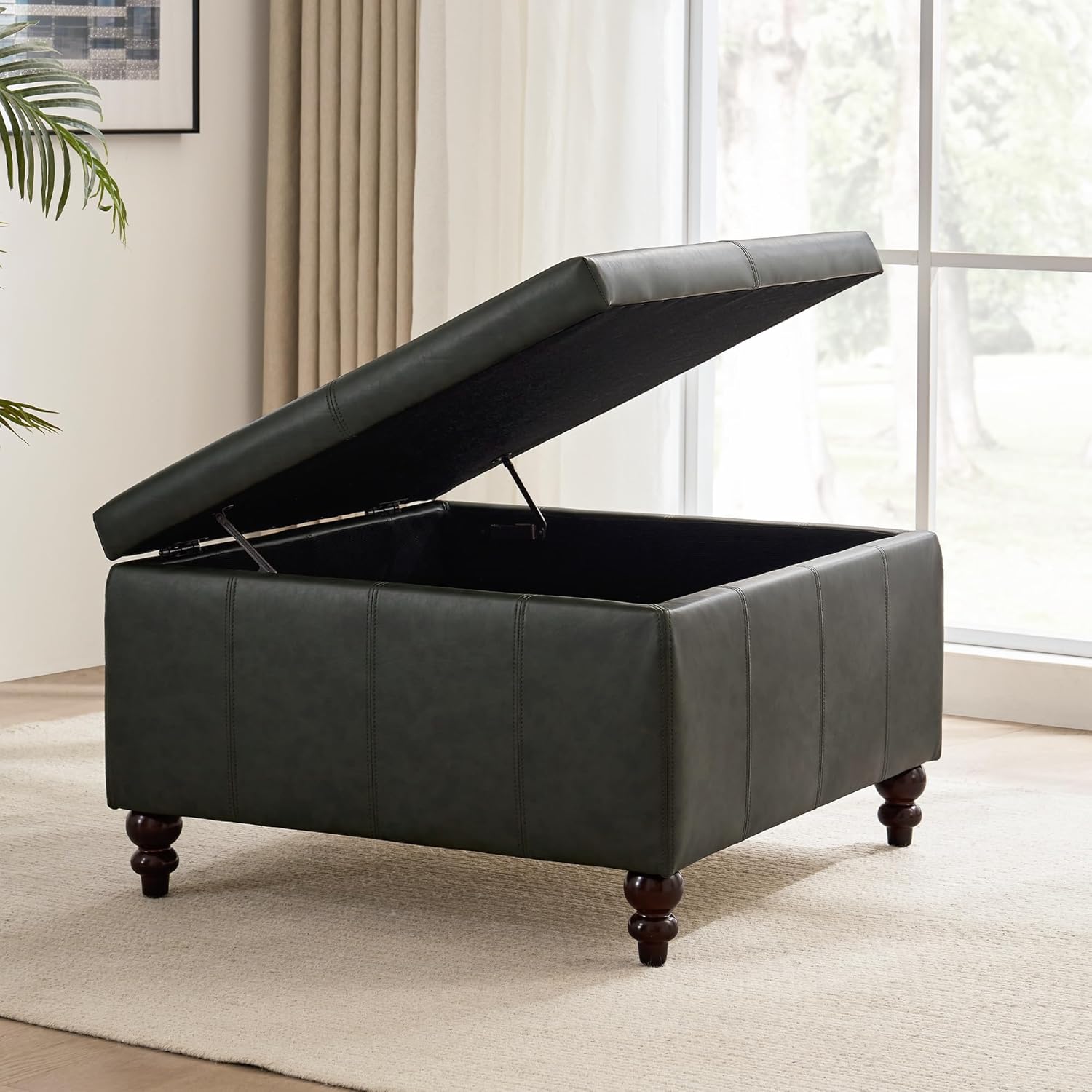 HUIMO Square Leather Storage Ottoman,Ottoman Coffee Table with Storage for Living Room