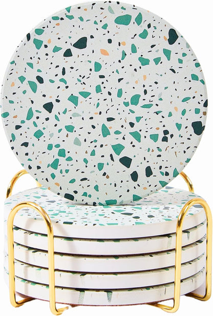 Green Terrazzo Drink Absorbent Coasters with Holder Set of 6, Ceramic Coaster for Drinks, Coffee