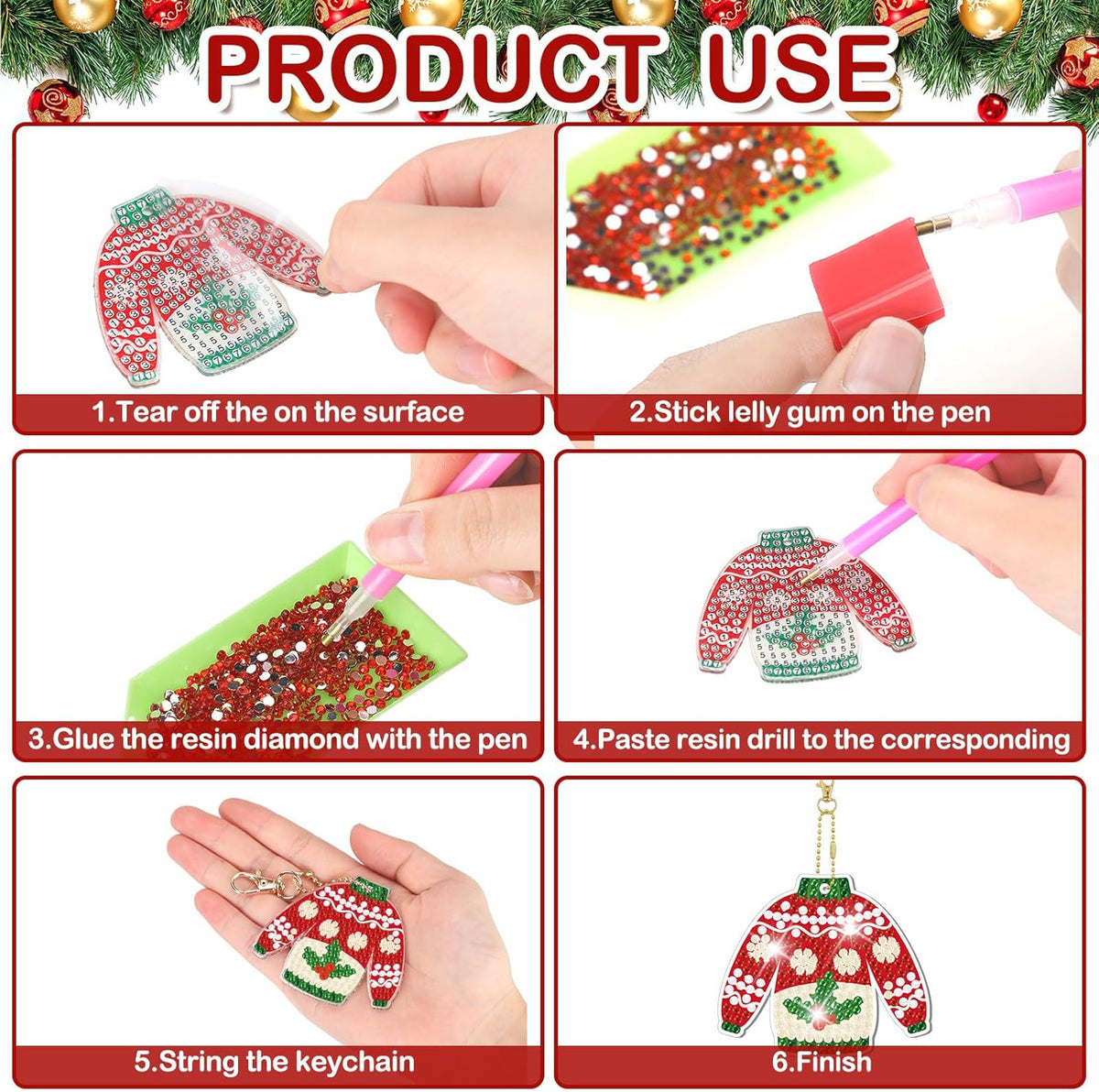 Tondiamo 20 Pcs Christmas Diamond Painting Keychain Kits 5D DIY Diamond Art Pendants Double Sided