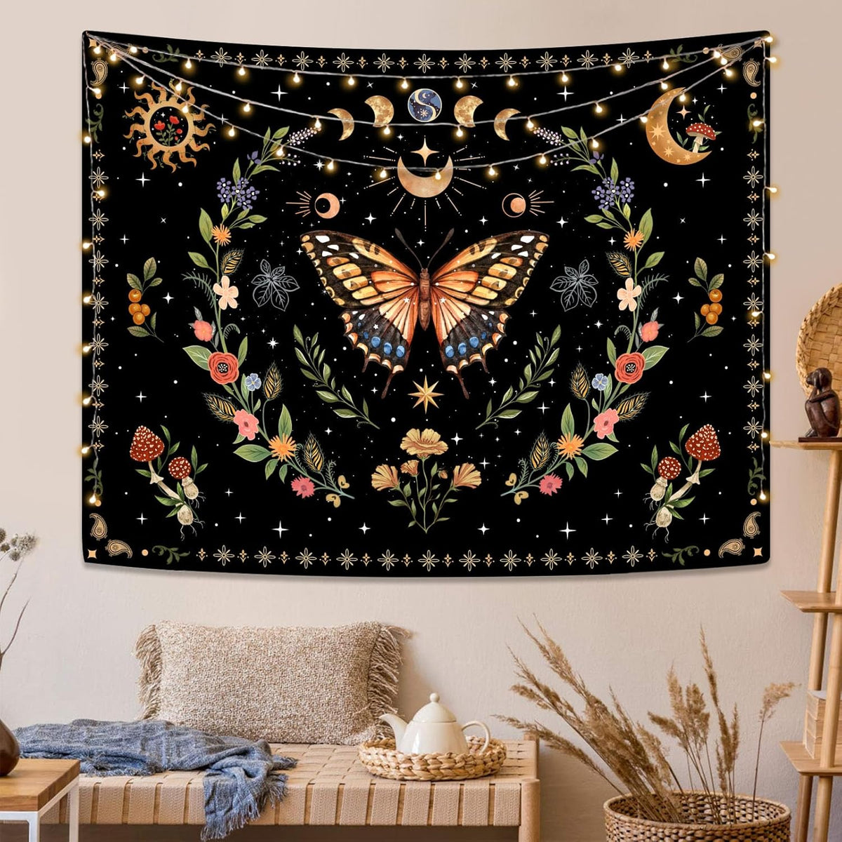 Lunerfex Boho Butterfly Tapestry Flower Moon Wall Tapestry, Moon Phases Tapestries for Bedroom Cute