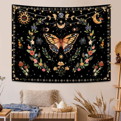 Lunerfex Boho Butterfly Tapestry Flower Moon Wall Tapestry, Moon Phases Tapestries for Bedroom Cute