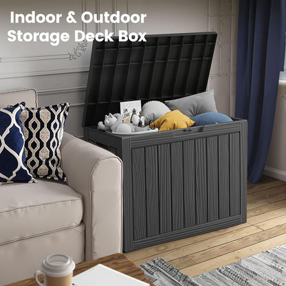 45 Outdoor Storage Box, Waterproof Resin Deck Box with Side Handles, Lockable Outdoor Bench for