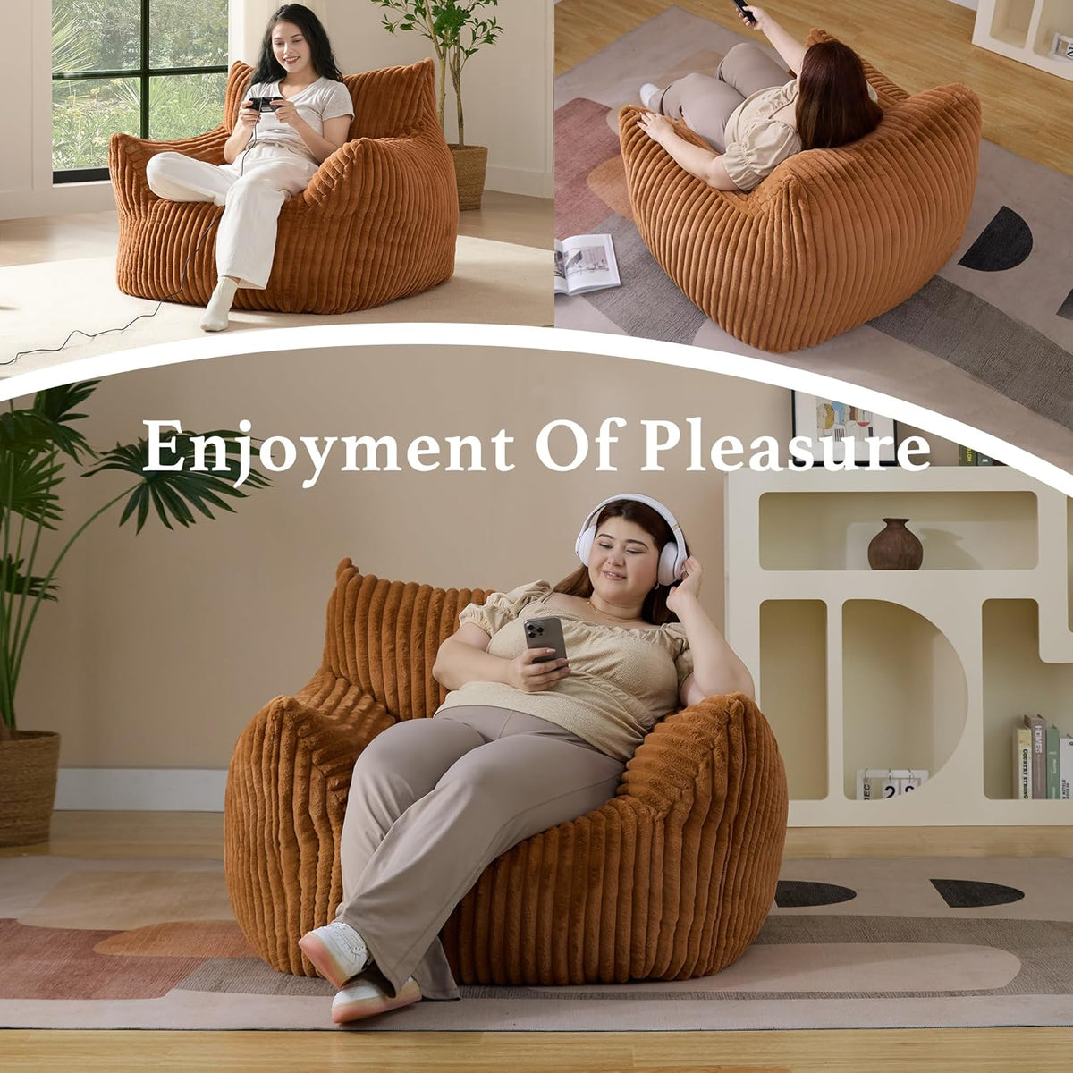 Giant Plush Bean Bag Chair for Adults with Armrests - Oversized Comfy Orange Beanbag Lounge Lazy