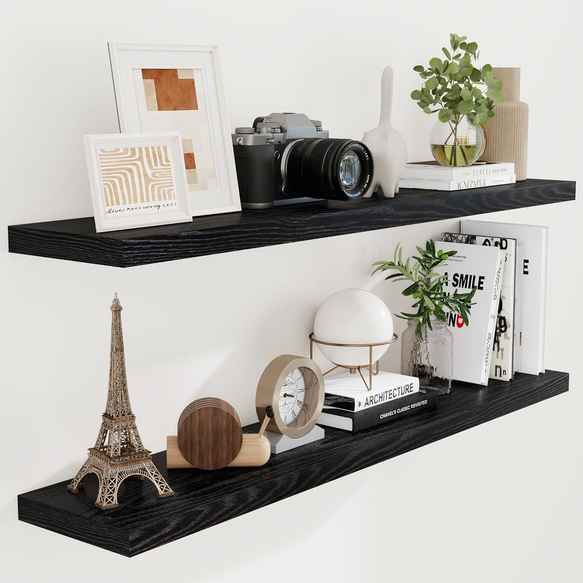 Fun Memories Floating Shelves 55 Inch Set of 2, Black 55 x 9 Wall Shelves for Home Decor Storage