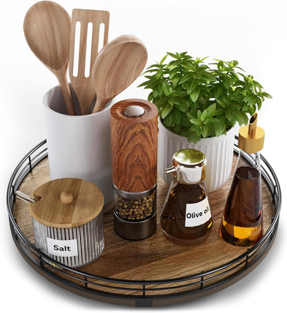 Acacia Wood 12" Lazy Susan Turntable Organizer for Table Top, Farmhouse Round Wooden Lazy Susan for