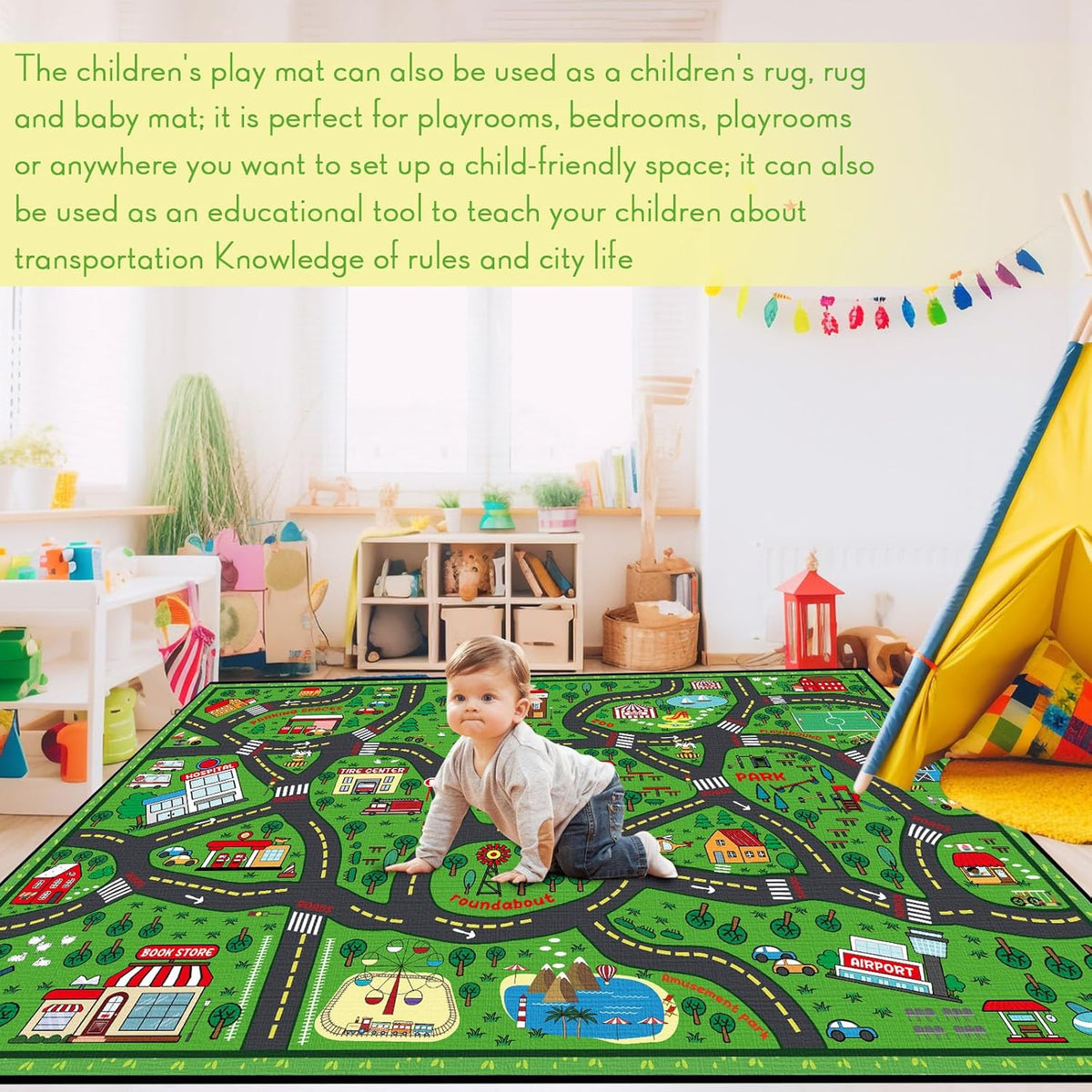 Kids Carpet Playmat Rug 4 x 6 ft Player Car Rug, City Life Traffic Road Map Mat Educational Game