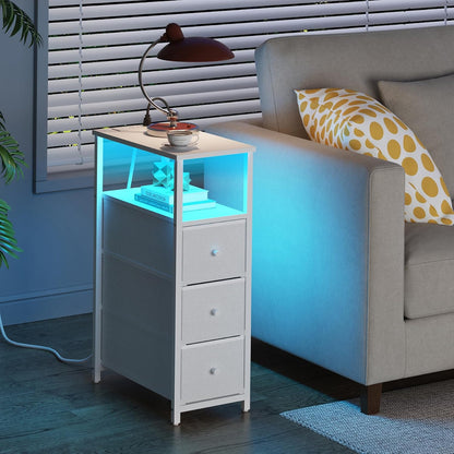 TUTOTAK Narrow LED Night Stand with Charging Station, Slim End Table with Plugins, Tall Side Table