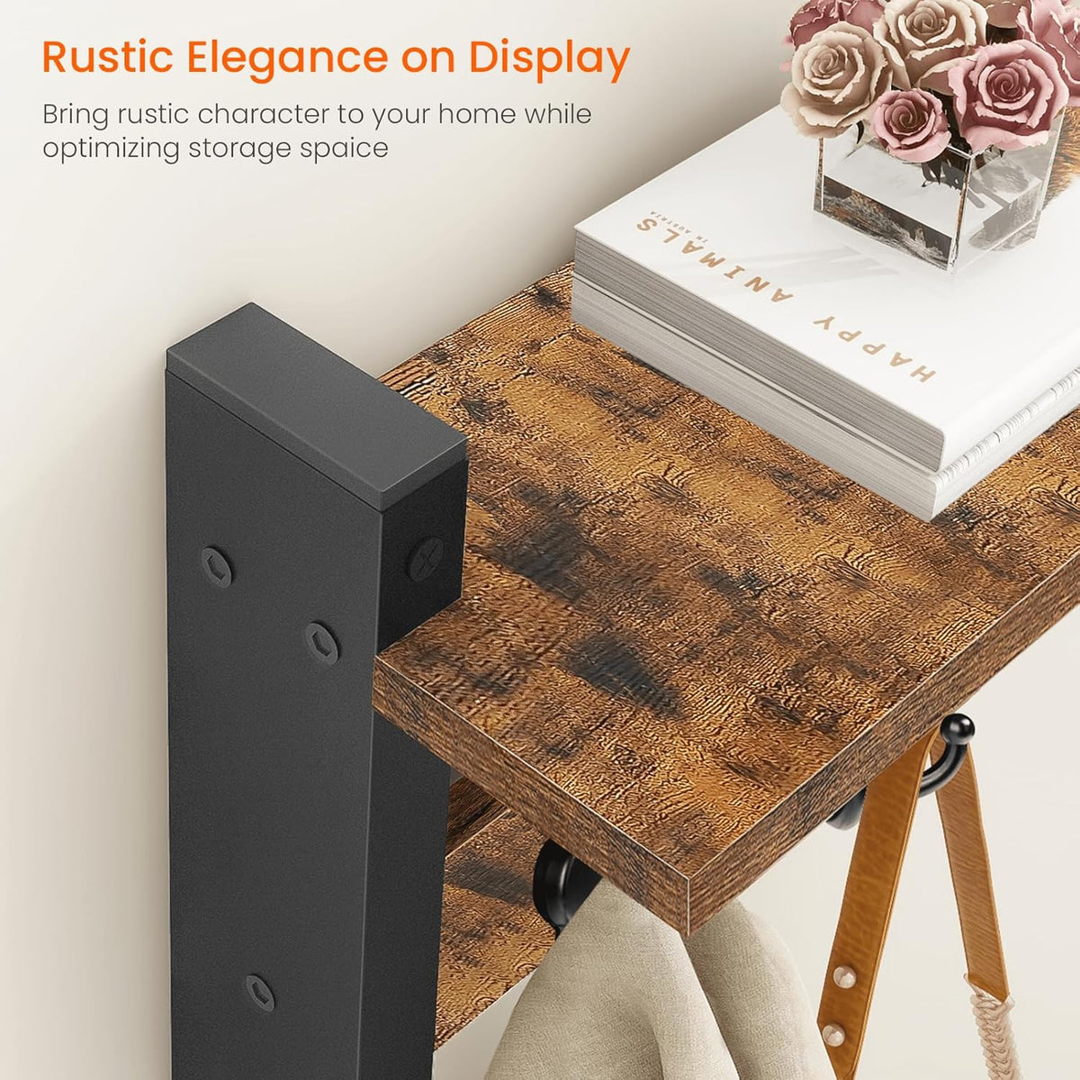 Homode Rustic Brown Wall Mount Coat Rack with Shelf and 5 Tri Hooks, Wood Coat Hangers for Hanging