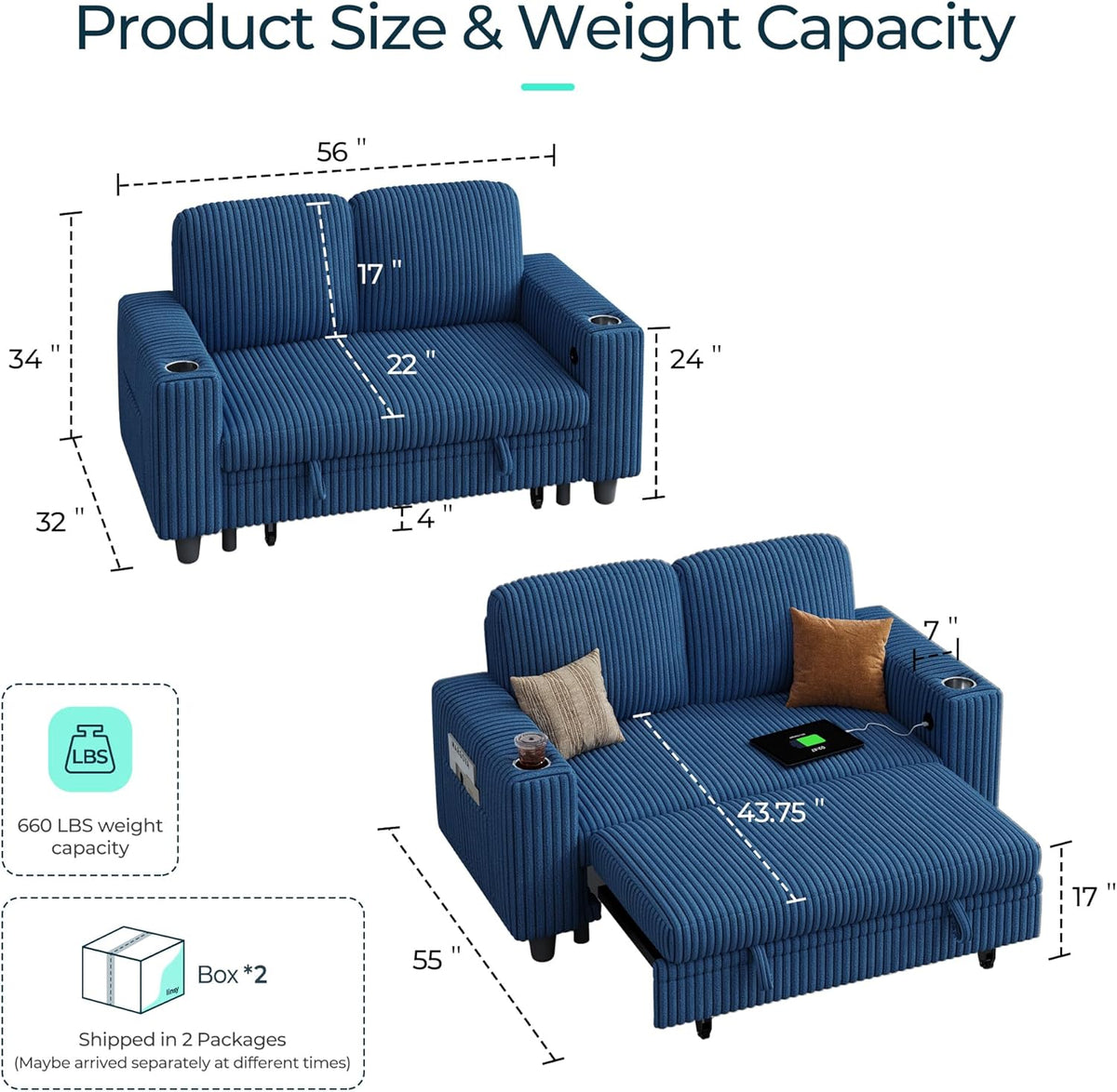 LINSY HOME Loveseat Sofa with Pull Out Couch Chaise: 2-in-1 Convertible 2 Seater Sofa with USB